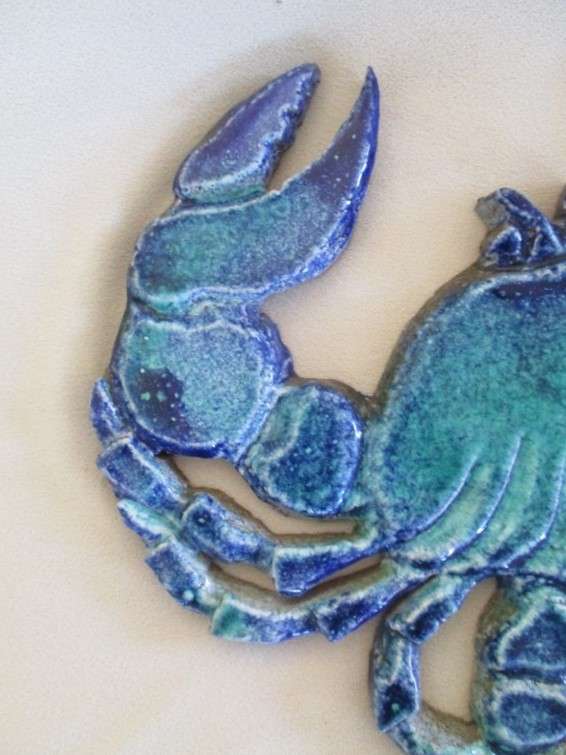 Stunning large hand made Buxi glazed art pottery crab for your beach house, kitchen, patio or garden