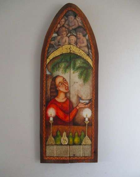 Impressive very large vintage hand painted solid wood icon - St Francis talking to the birds