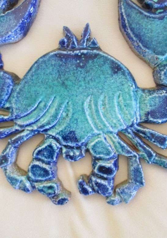 Stunning large hand made Buxi glazed art pottery crab for your beach house, kitchen, patio or garden