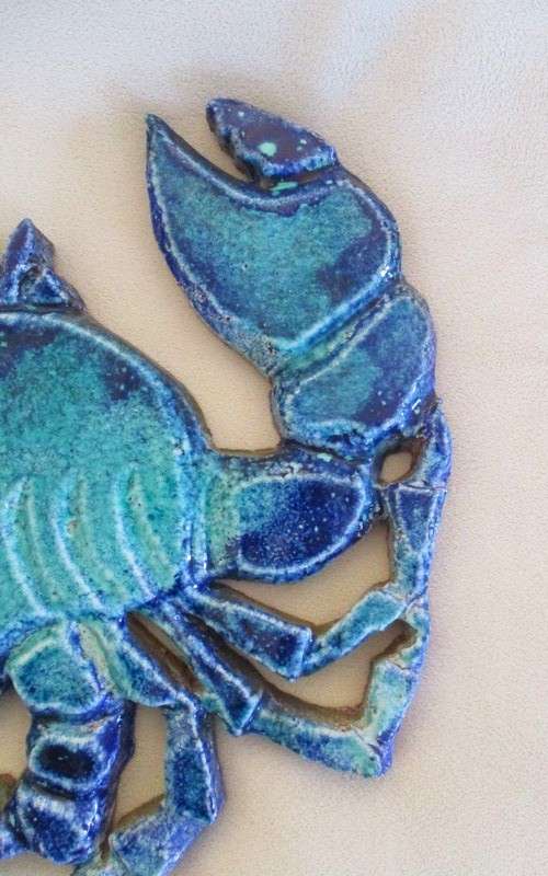 Stunning large hand made Buxi glazed art pottery crab for your beach house, kitchen, patio or garden