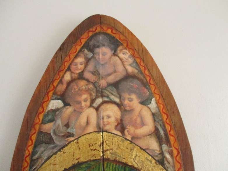 Impressive very large vintage hand painted solid wood icon - St Francis talking to the birds