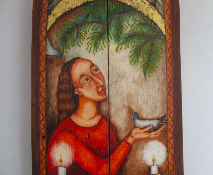 Impressive very large vintage hand painted solid wood icon - St Francis talking to the birds