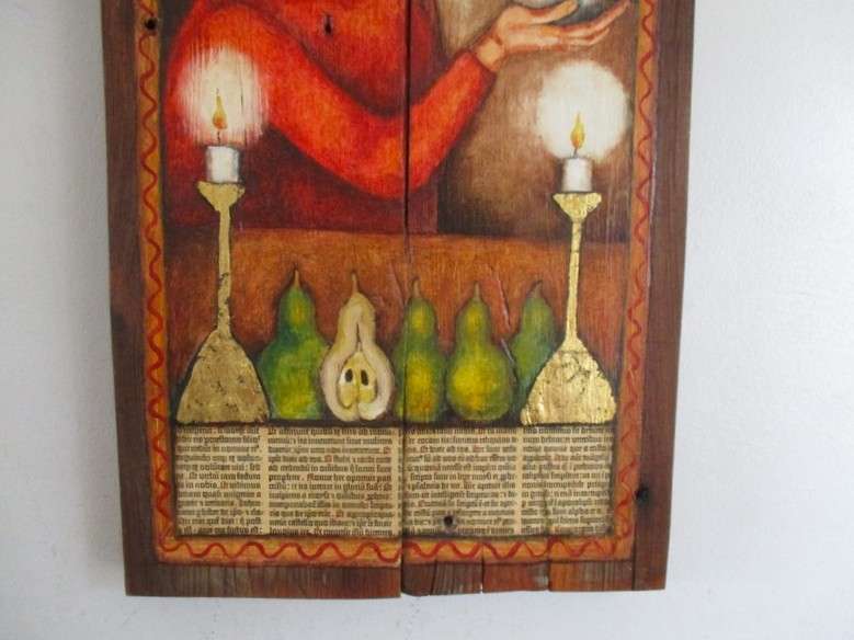 Impressive very large vintage hand painted solid wood icon - St Francis talking to the birds