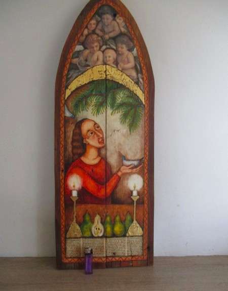 Impressive very large vintage hand painted solid wood icon - St Francis talking to the birds