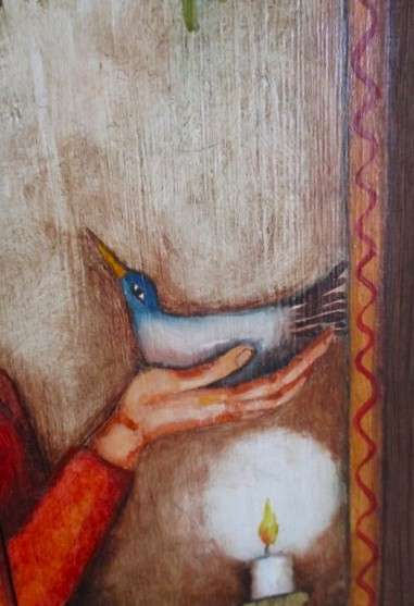 Impressive very large vintage hand painted solid wood icon - St Francis talking to the birds