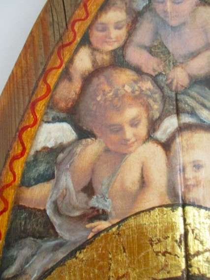 Impressive very large vintage hand painted solid wood icon - St Francis talking to the birds