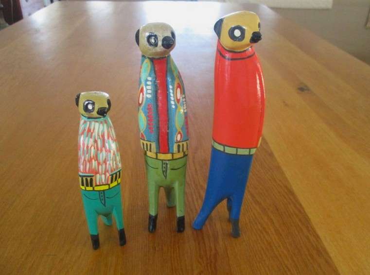 Hand carved and painted - colourful Meerkat family