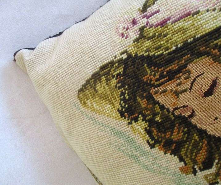 A large hand made cushion combining Petit Point and ordinary tapestry - girl playing violin