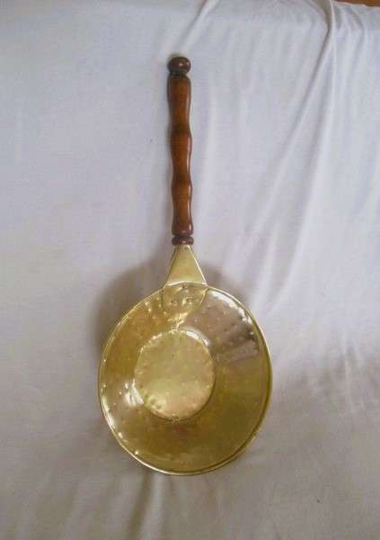 Kitchen decor - very large hand hammered brass pan/scoop with wooden handle