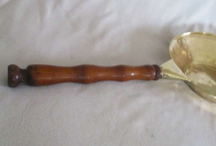 Kitchen decor - very large hand hammered brass pan/scoop with wooden handle