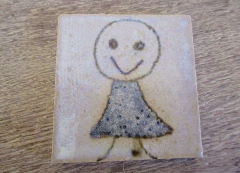 Six quirky, child like hand made miniature tiles - such a happy lot!
