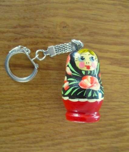 Vintage three piece set of wooden hand painted Matryoshka nesting dolls plus cute keyring