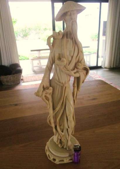 Very large vintage carved alabaster resin Chinese statue of  man holding exotic birds