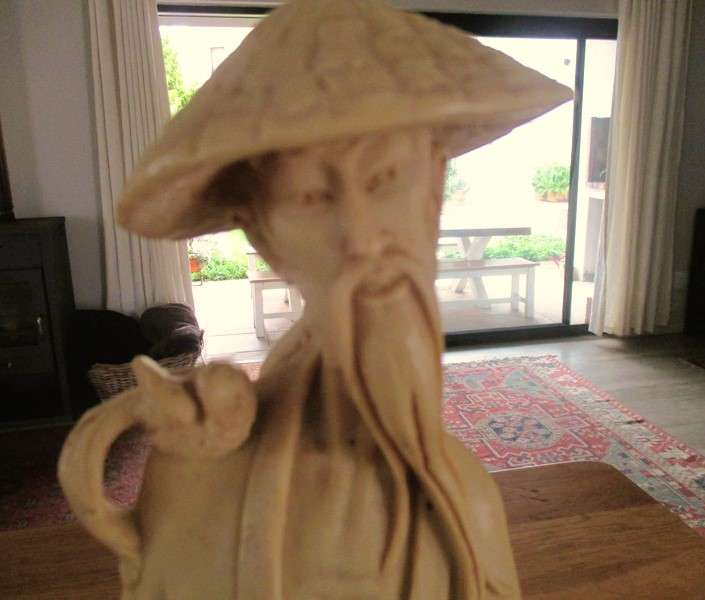 Very large vintage carved alabaster resin Chinese statue of  man holding exotic birds