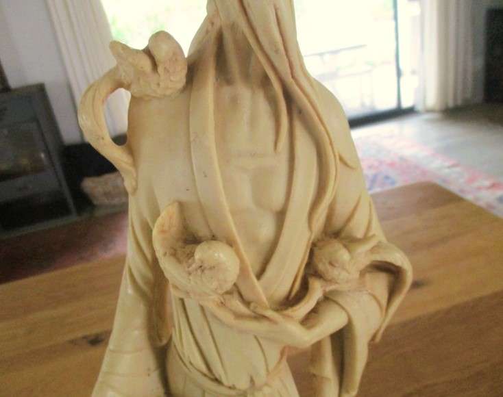 Very large vintage carved alabaster resin Chinese statue of  man holding exotic birds
