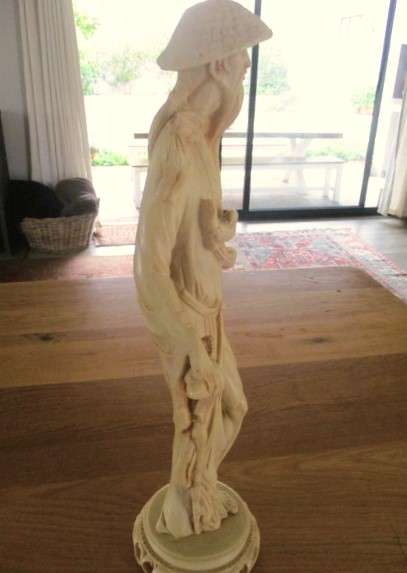 Very large vintage carved alabaster resin Chinese statue of  man holding exotic birds