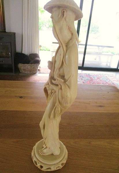 Very large vintage carved alabaster resin Chinese statue of  man holding exotic birds