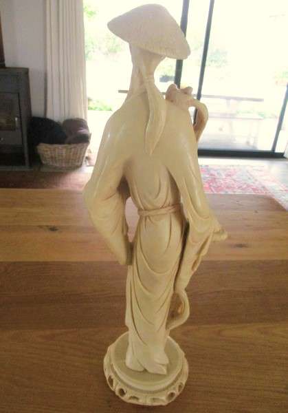 Very large vintage carved alabaster resin Chinese statue of  man holding exotic birds