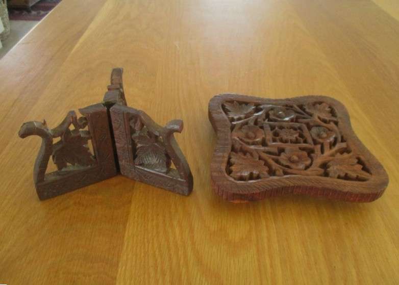 Vintage hand carved wooden Indian trivet/pot stand plus carved foldable display stand