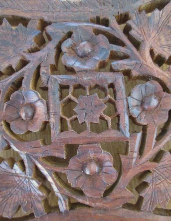 Vintage hand carved wooden Indian trivet/pot stand plus carved foldable display stand
