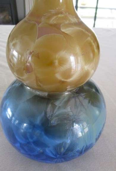 Showpiece!! Large Flambeaux Crystalline double gourd porcelain vase on wooden stand - signed