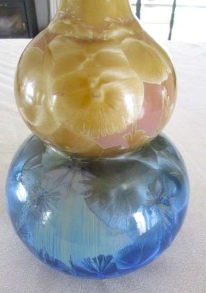 Showpiece!! Large Flambeaux Crystalline double gourd porcelain vase on wooden stand - signed