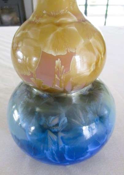 Showpiece!! Large Flambeaux Crystalline double gourd porcelain vase on wooden stand - signed