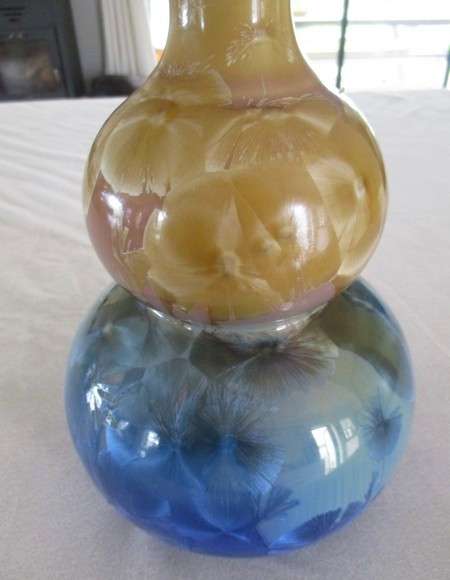Showpiece!! Large Flambeaux Crystalline double gourd porcelain vase on wooden stand - signed