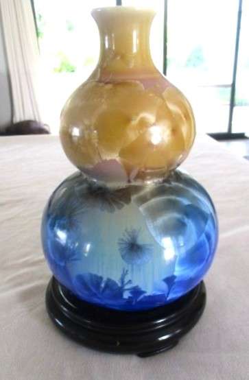 Showpiece!! Large Flambeaux Crystalline double gourd porcelain vase on wooden stand - signed