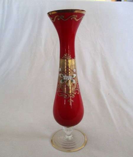 Clear pontil mark - Unusually large Murano hand blown and painted vase with floral & gilt design