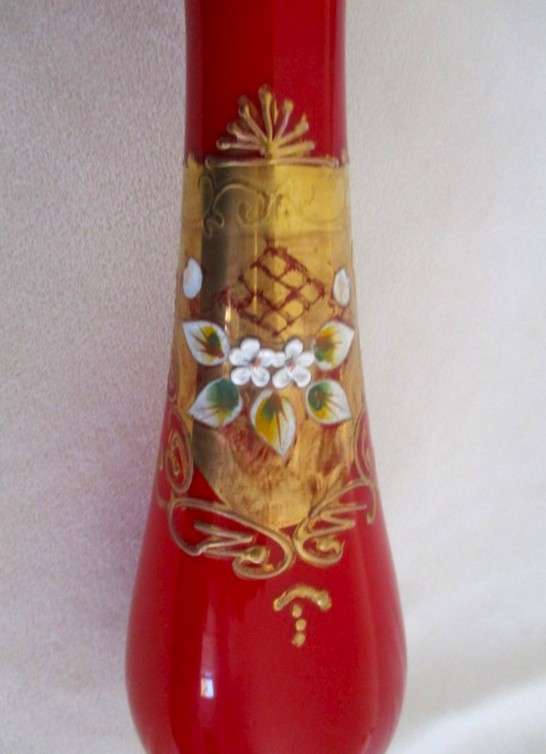 Clear pontil mark - Unusually large Murano hand blown and painted vase with floral & gilt design