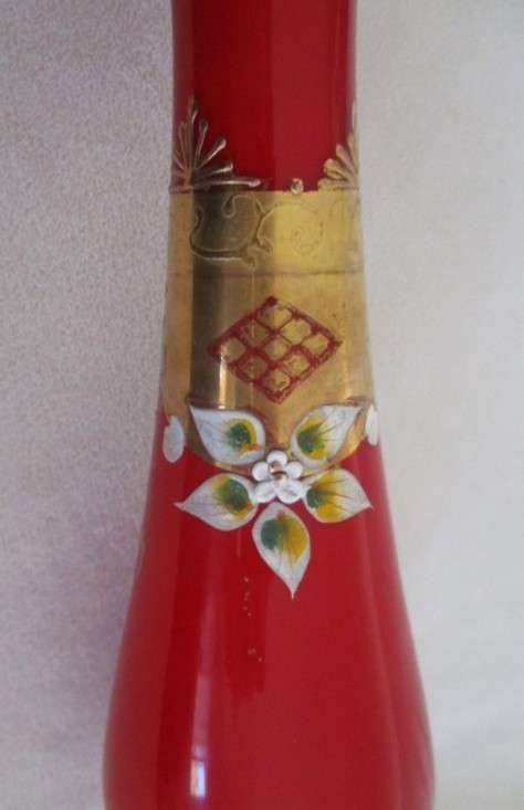 Clear pontil mark - Unusually large Murano hand blown and painted vase with floral & gilt design