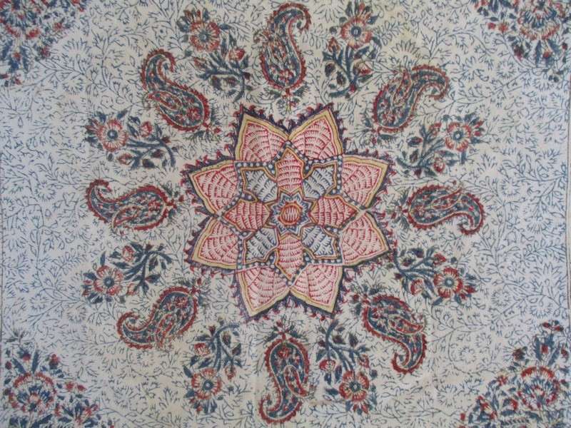 A beautiful vintage square hand blocked (natural dyed) Meshkat Iranian Ghalamkar cloth -signed
