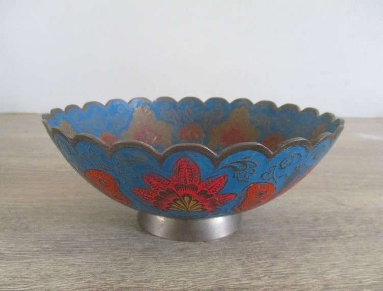 Very old nice sized Indian brass bowl enameled with floral, butterfly and peacock design