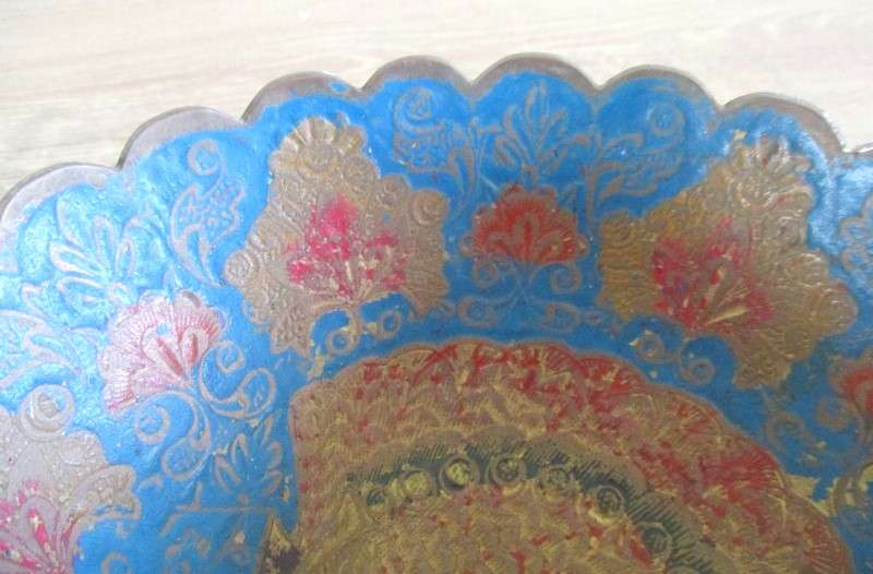 Very old nice sized Indian brass bowl enameled with floral, butterfly and peacock design