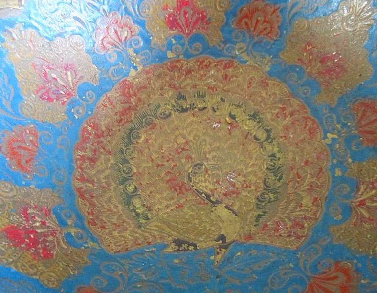 Very old nice sized Indian brass bowl enameled with floral, butterfly and peacock design