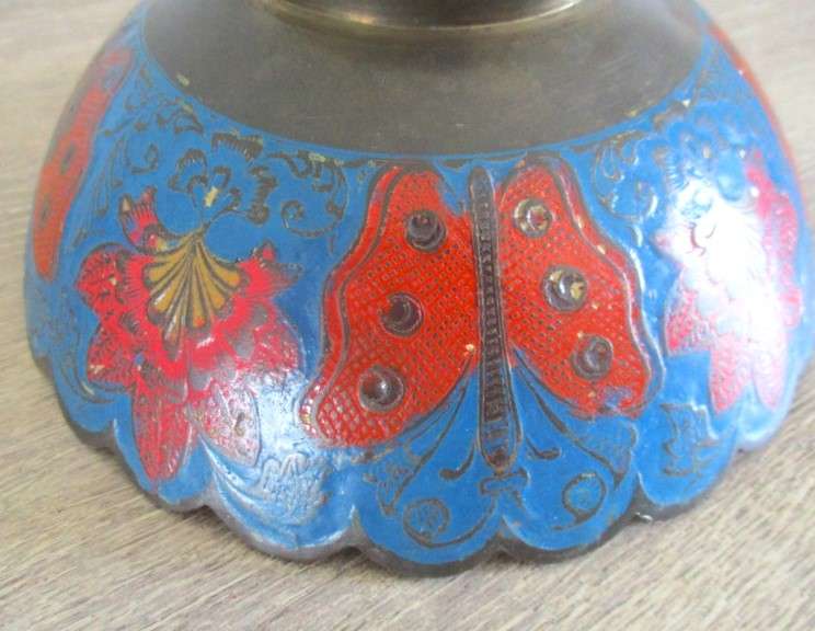 Very old nice sized Indian brass bowl enameled with floral, butterfly and peacock design
