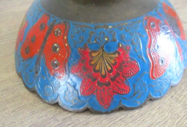 Very old nice sized Indian brass bowl enameled with floral, butterfly and peacock design