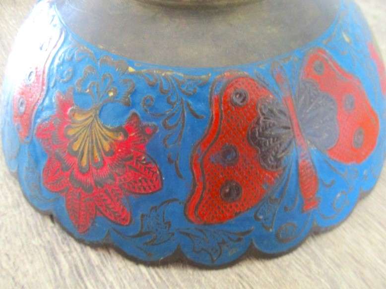 Very old nice sized Indian brass bowl enameled with floral, butterfly and peacock design