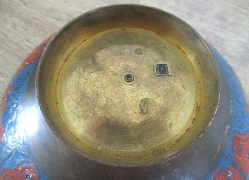 Very old nice sized Indian brass bowl enameled with floral, butterfly and peacock design