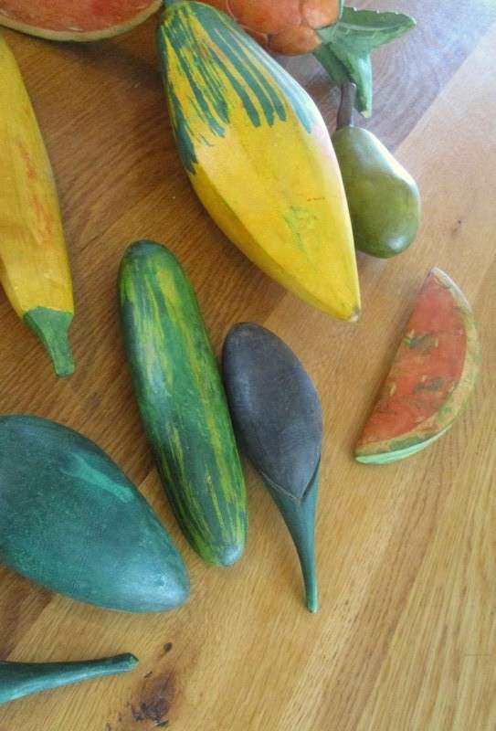 Lot of thirteen large, rustic hand painted fruit and vegetables to display in a bowl