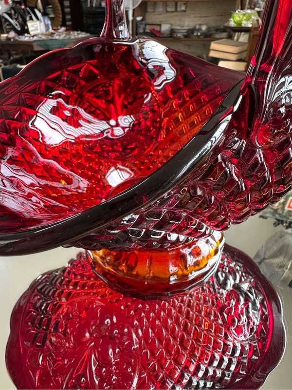 Stunning Heavy Pressed Glass Basket in red / orange.