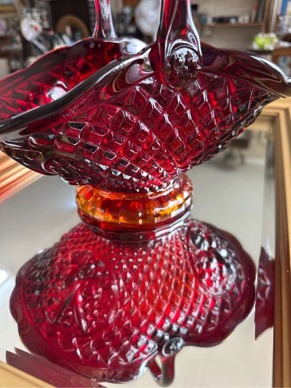 Stunning Heavy Pressed Glass Basket in red / orange.