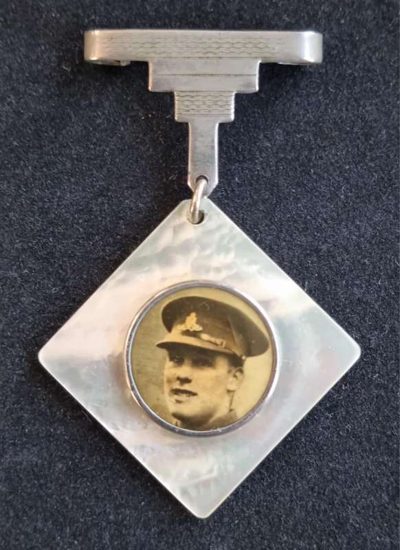 WWI SWEETHEART BROOCH Art Deco Stepped Clasp. Sepia Photo mounted on Mother of Pearl.