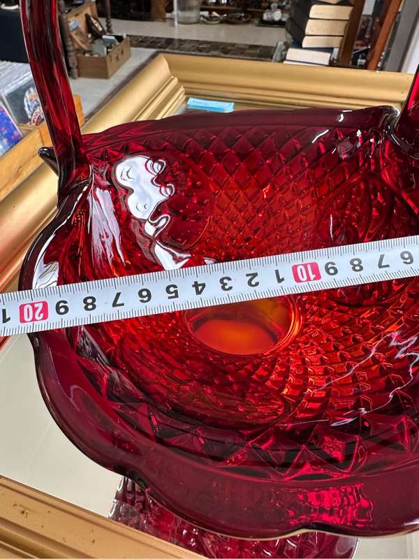 Stunning Heavy Pressed Glass Basket in red / orange.