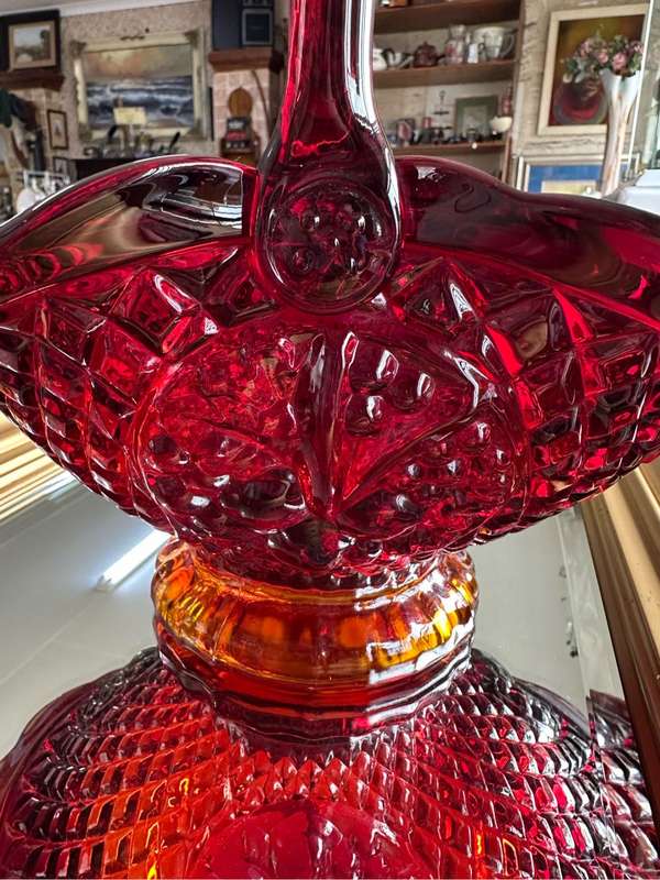 Stunning Heavy Pressed Glass Basket in red / orange.