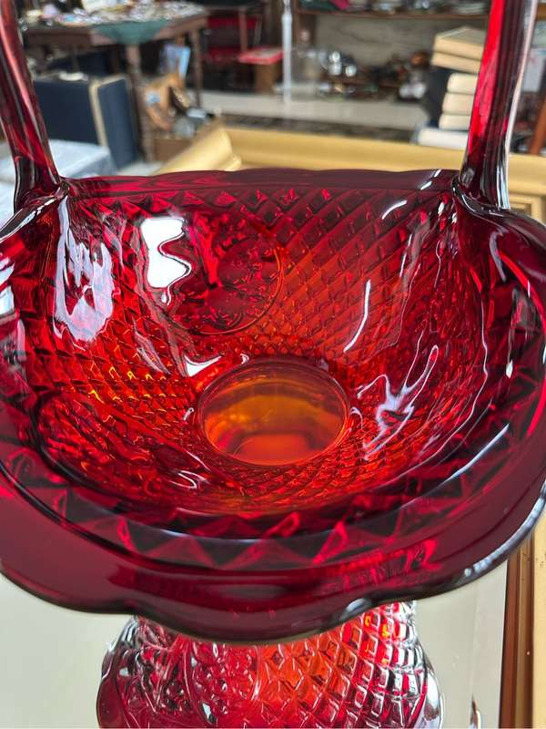 Stunning Heavy Pressed Glass Basket in red / orange.