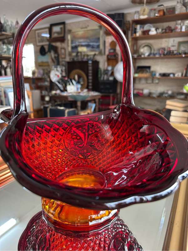 Stunning Heavy Pressed Glass Basket in red / orange.