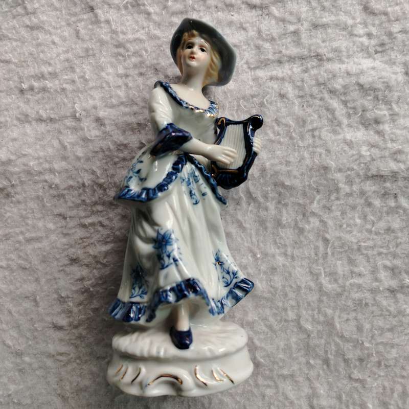 Vintage Blue And White Porcelain Musician Woman With Harp