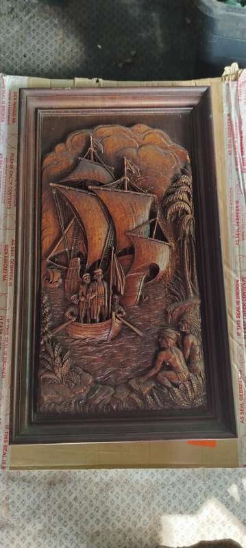 Vtg Syroco Wood Bas Relief Christopher Columbus Discovery America Wall Art 1940s